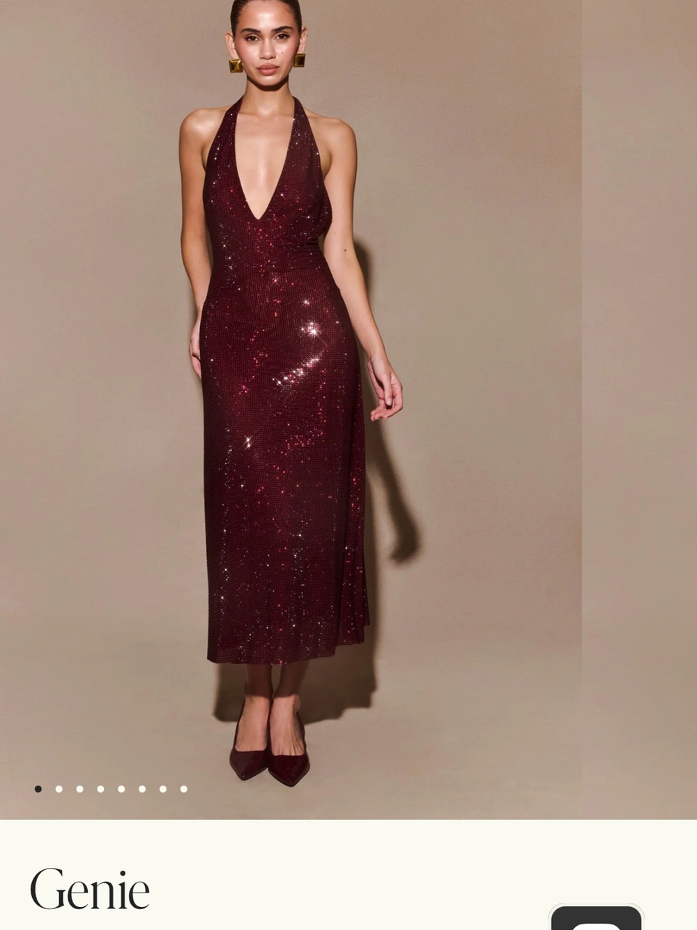 Meshki Burgundy Sequin Halter Midi Dress